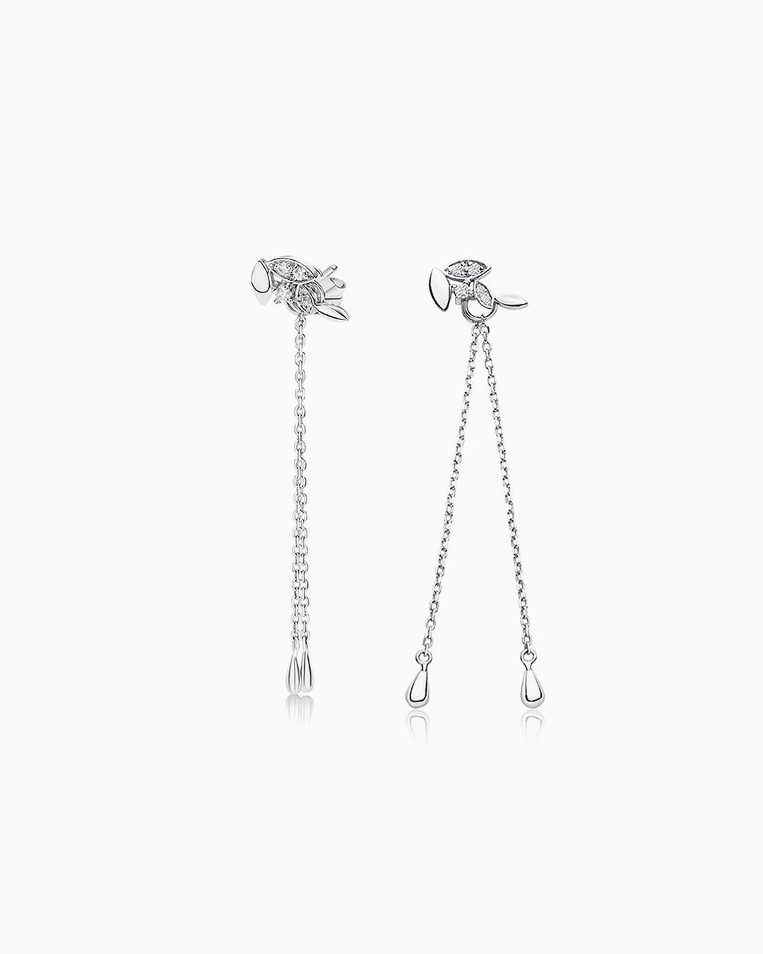 Pendientes Petite Diamonds Hojas y Cadenas en Oro Blanco de 18 Kt