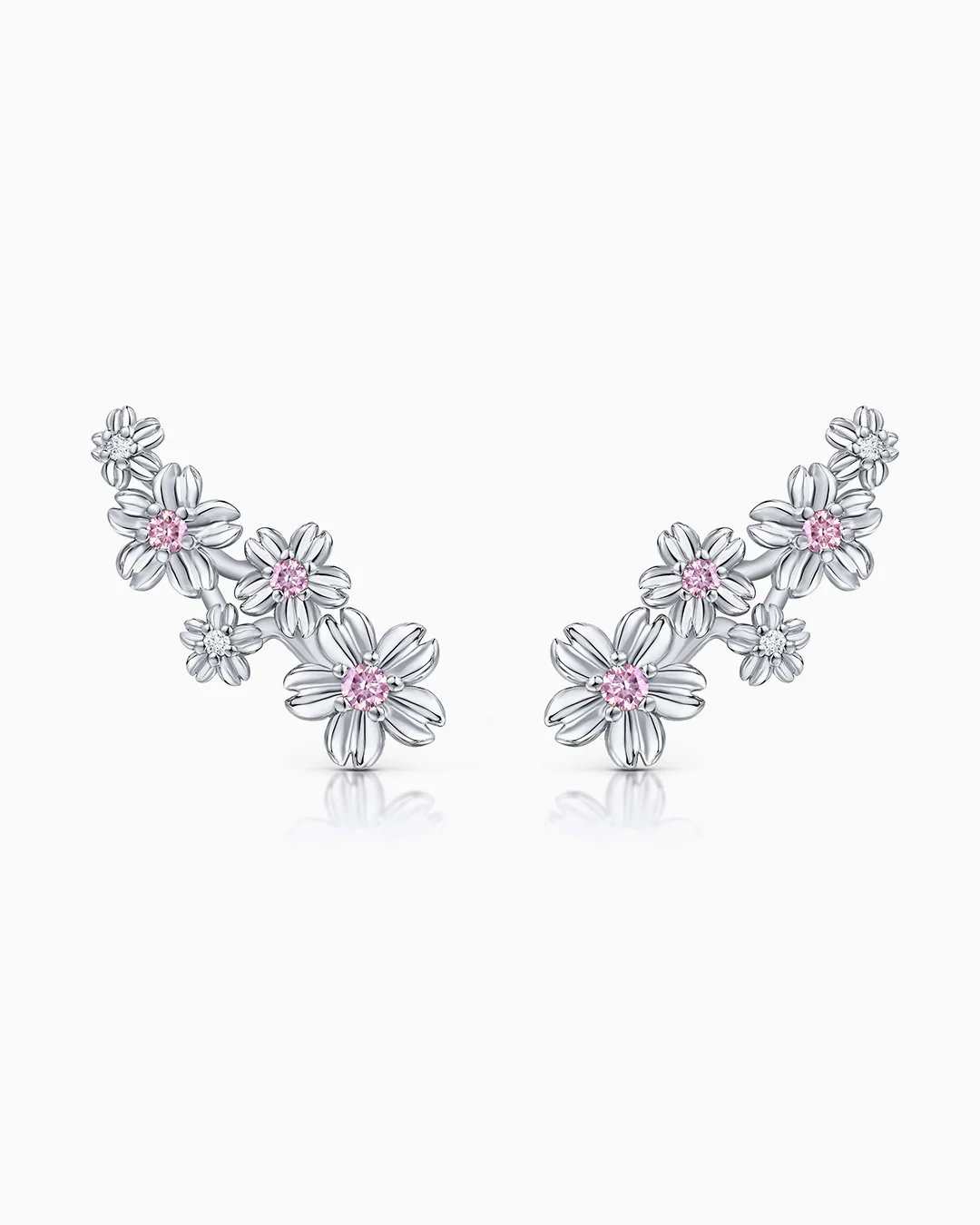 Pendientes Trepadores Sakura de Zafiros Rosas y Diamantes en Oro Blanco de 18 Kt - Image 3