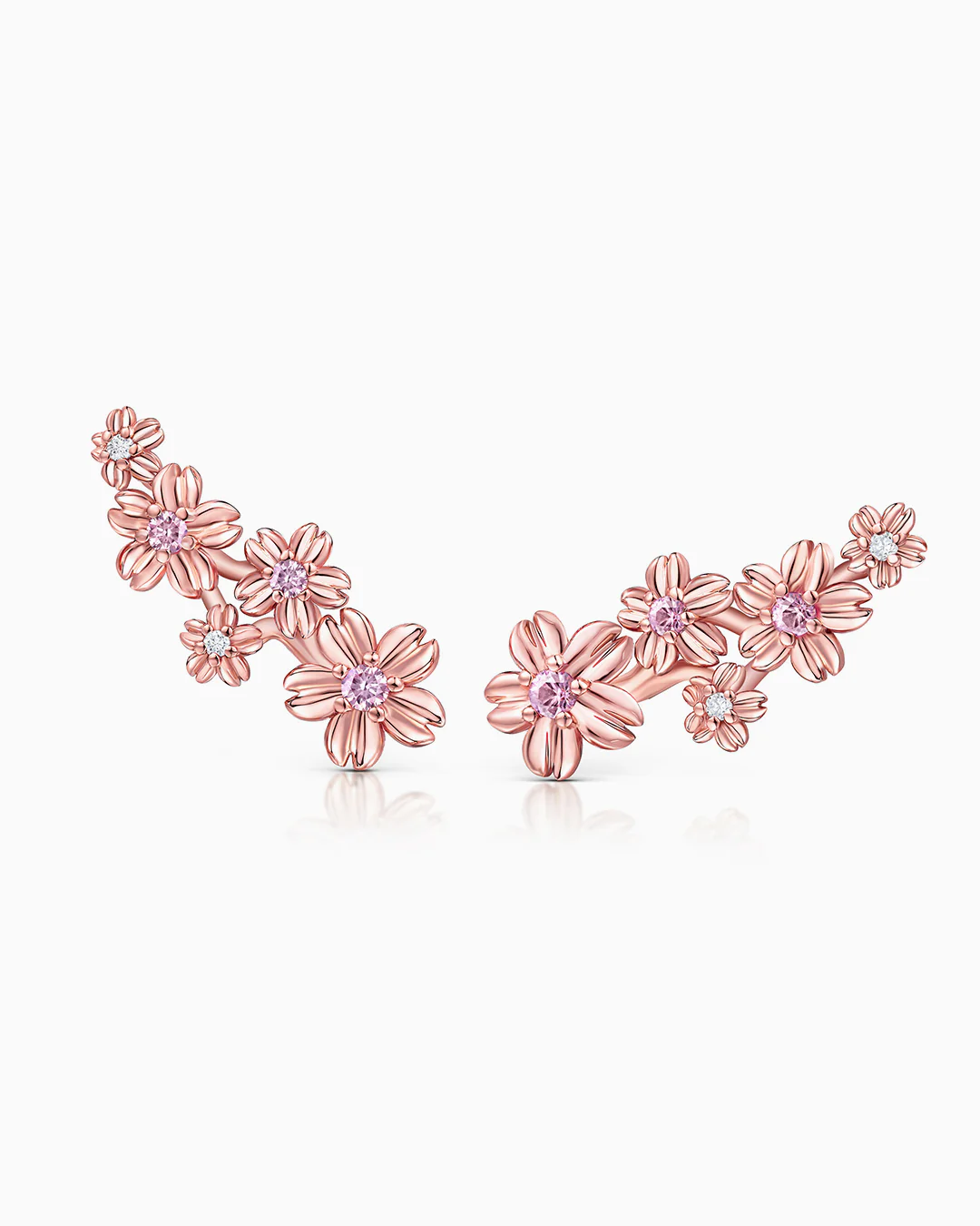 Pendientes Trepadores Sakura de Zafiros Rosas y Diamantes en Oro Rosa de 18 Kt