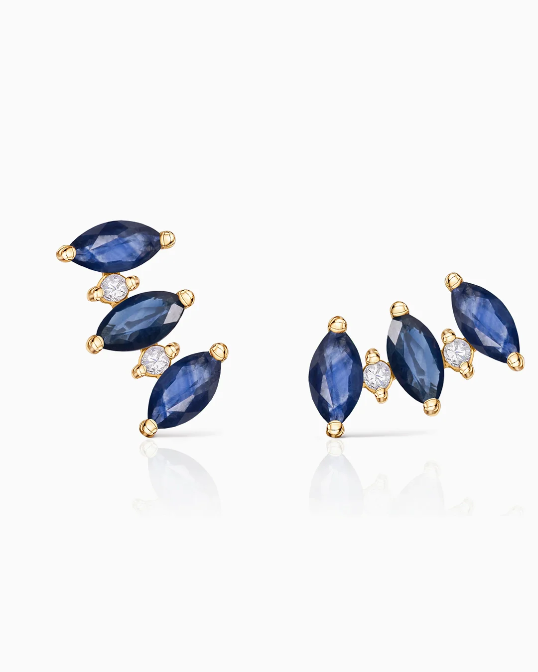 Pendientes Trepadores Tri-Marquise de Diamante y Zafiro en Oro Amarillo de 18 Kt - Image 4