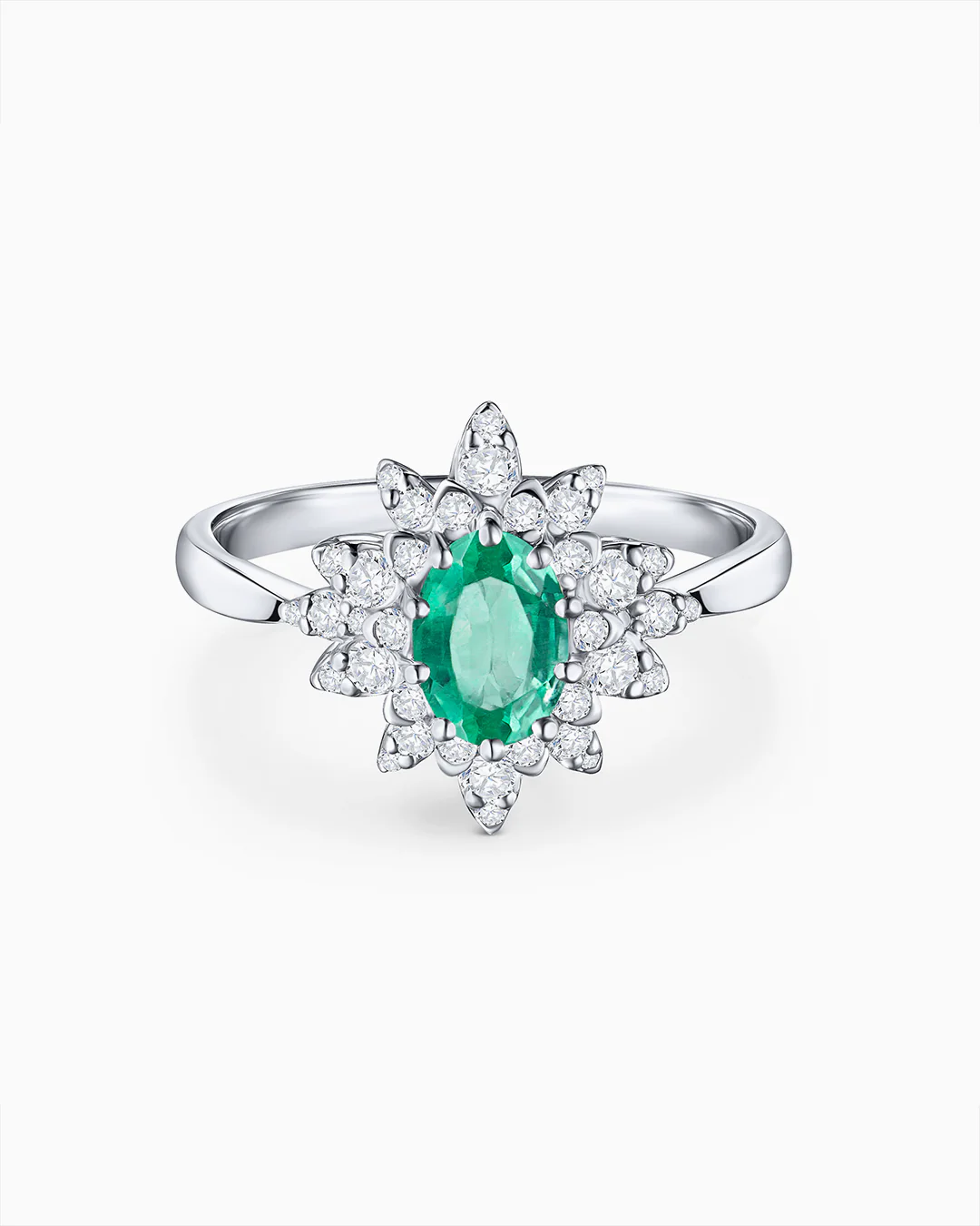 Sortija Green Jay de Esmeralda y Diamantes en Oro Blanco de 18 Kt