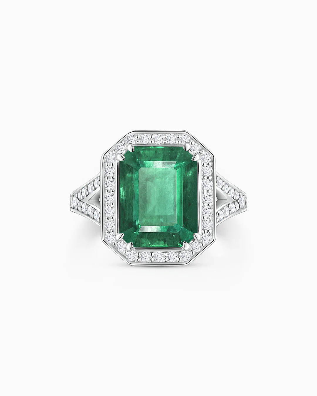 Sortija Jacqueline de Esmeralda y Diamantes en Oro Blanco de 18 Kt