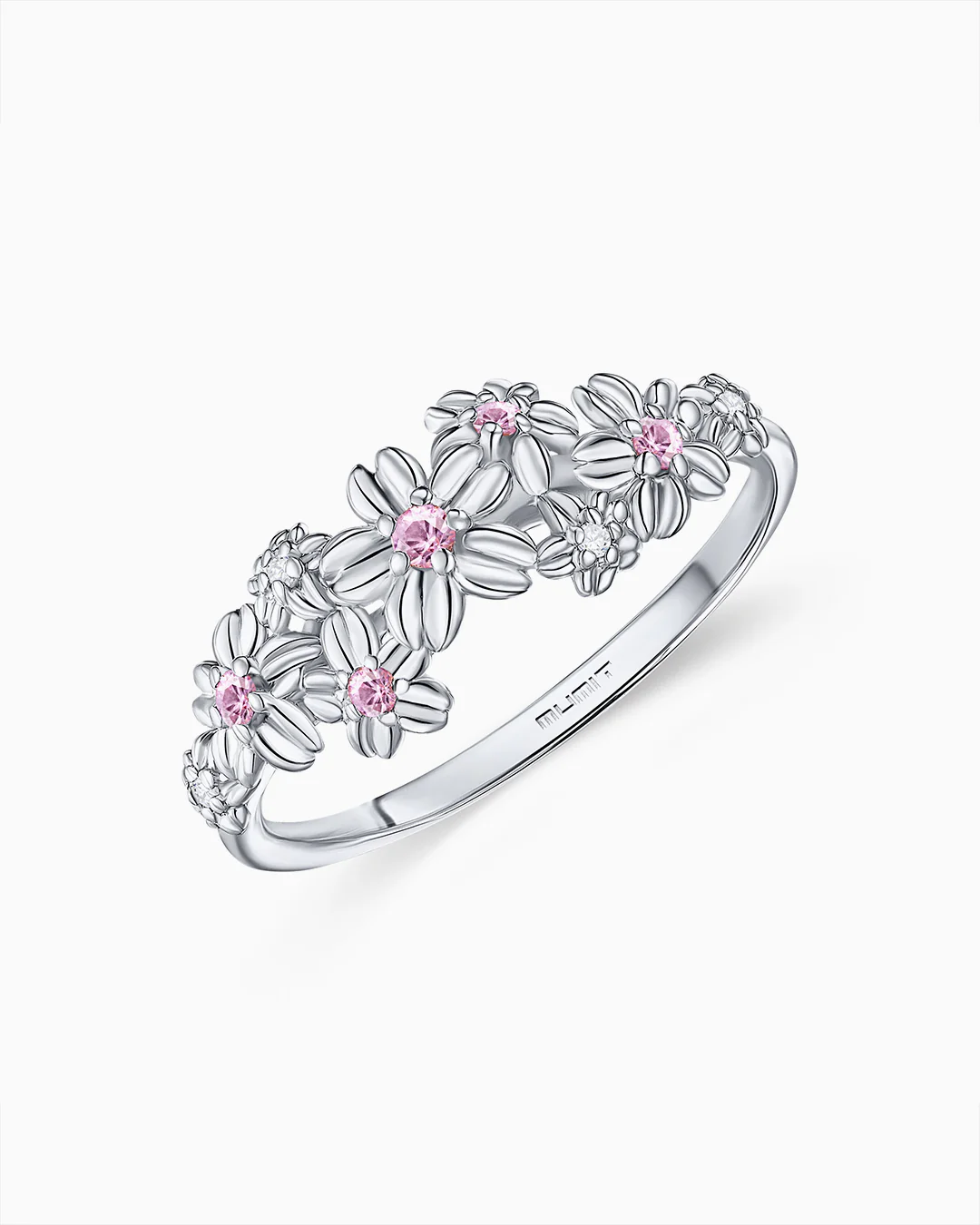 Sortija Sakura de Zafiros Rosas y Diamantes en Oro Blanco de 18 Kt